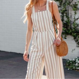 Chriselle x JOA Sand Tan v Stripe Jumpsuit Size XS